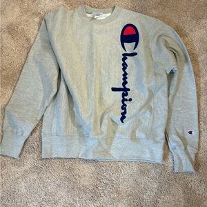 Champion Men's Crewneck Sweatshirt in Gray with Blue and Red Logo